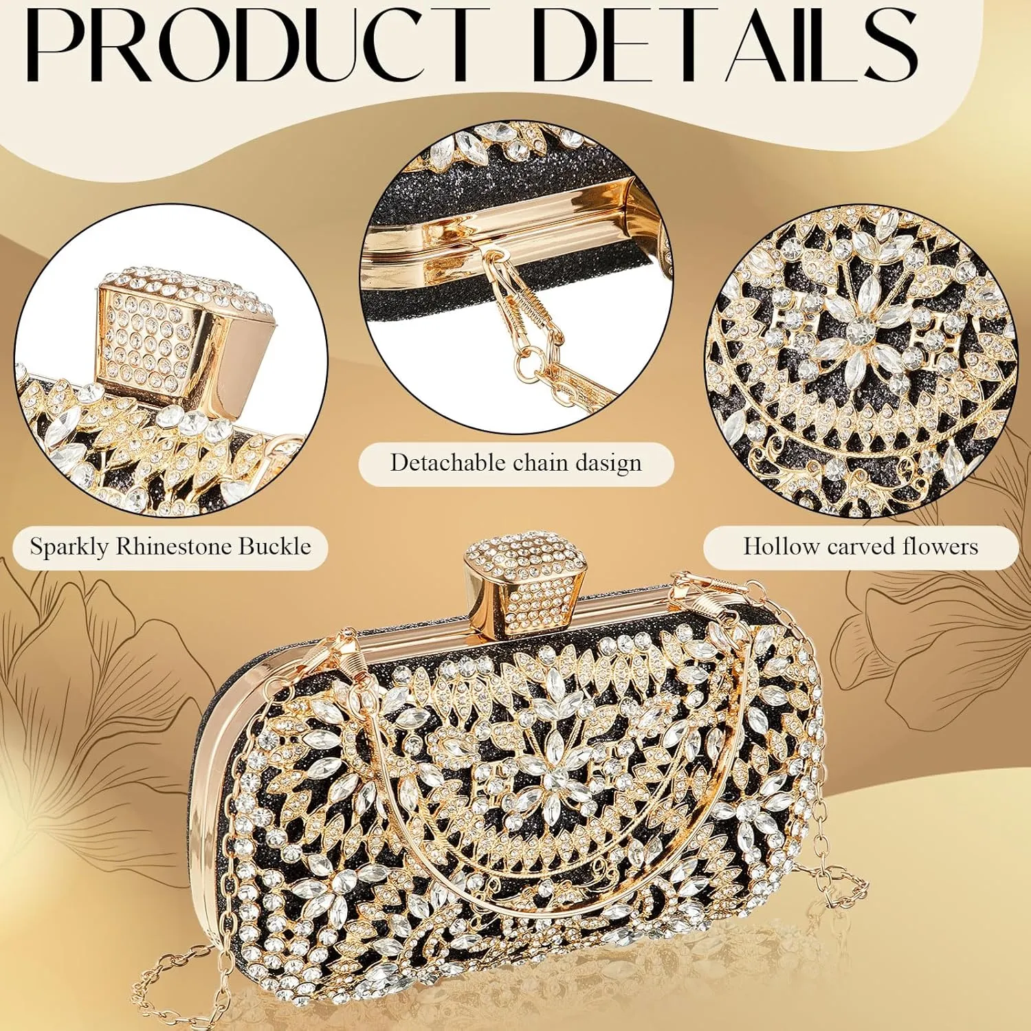 Quelay 4 Pcs Purse Rhinestone Jewelry Set Evening Clutch Bag Bling Crystal Necklace Dangle Earrings Bracelets Accessories