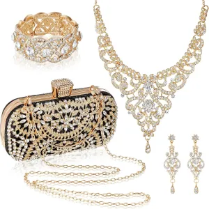 Quelay 4 Pcs Purse Rhinestone Jewelry Set Evening Clutch Bag Bling Crystal Necklace Dangle Earrings Bracelets Accessories