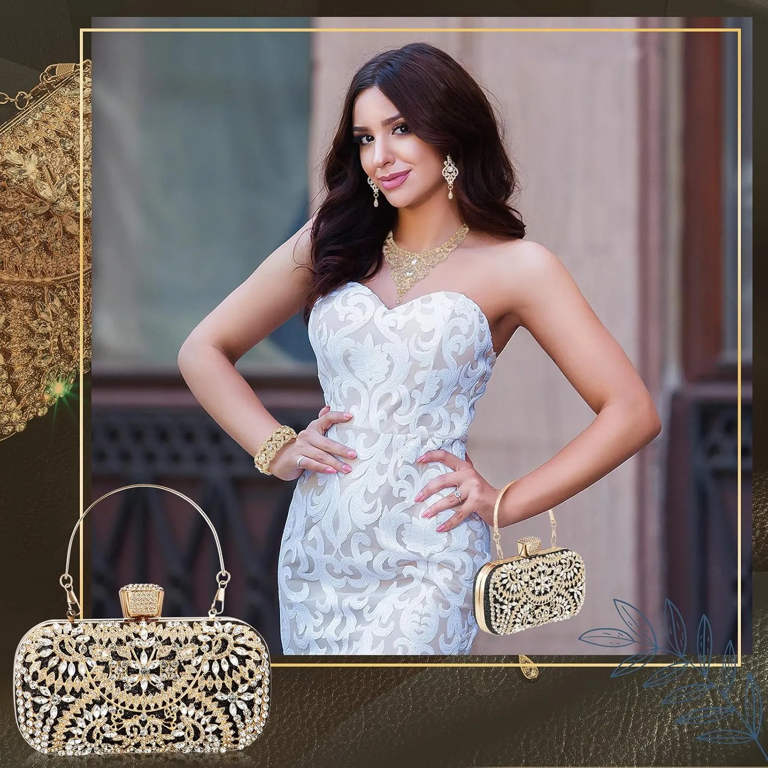 Quelay 4 Pcs Purse Rhinestone Jewelry Set Evening Clutch Bag Bling Crystal Necklace Dangle Earrings Bracelets Accessories