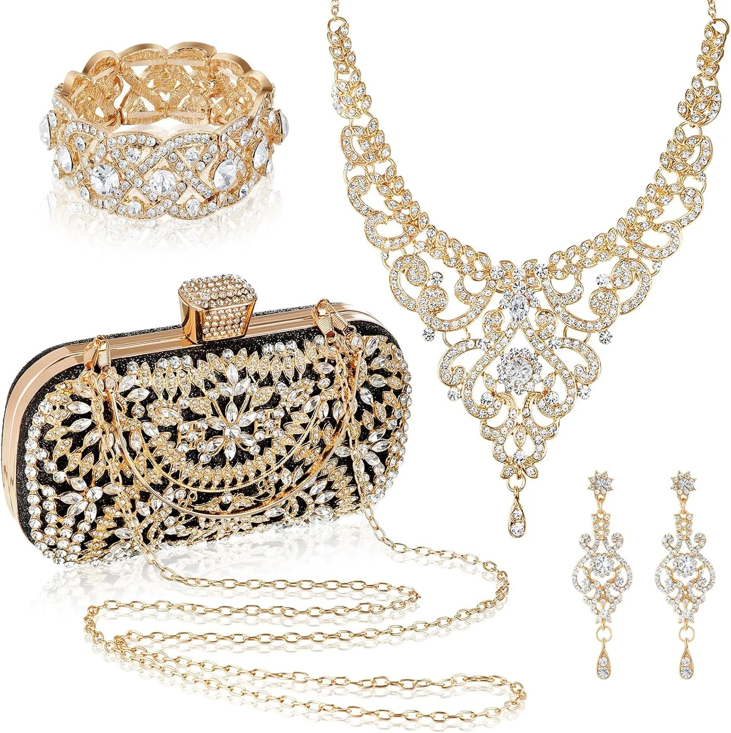 Quelay 4 Pcs Purse Rhinestone Jewelry Set Evening Clutch Bag Bling Crystal Necklace Dangle Earrings Bracelets Accessories