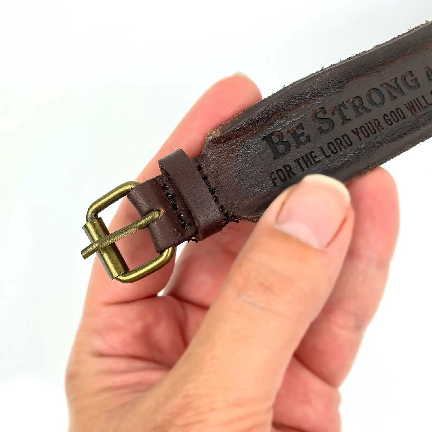 "The Lord is My Strength and My Shield" Psalm 28:7 Laser-Engraved Brown Leather Scripture Bracelet with Watch Band Clasp