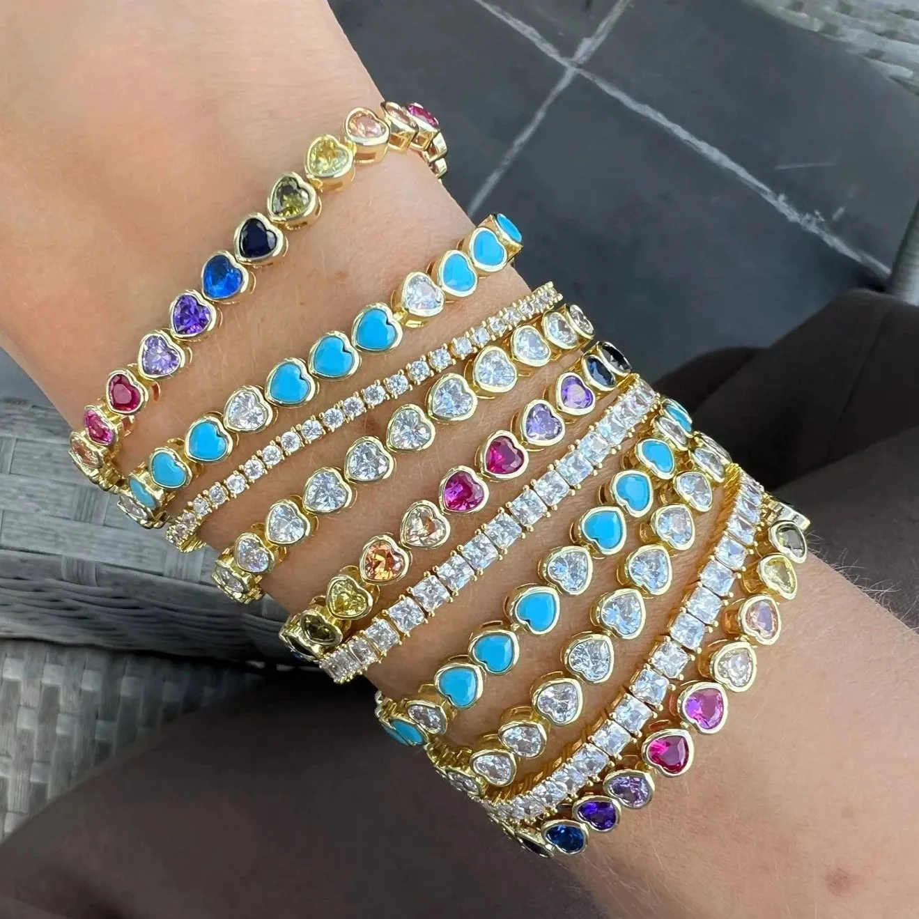 Rainbow CZ Bezel Heart Tennis Bracelet