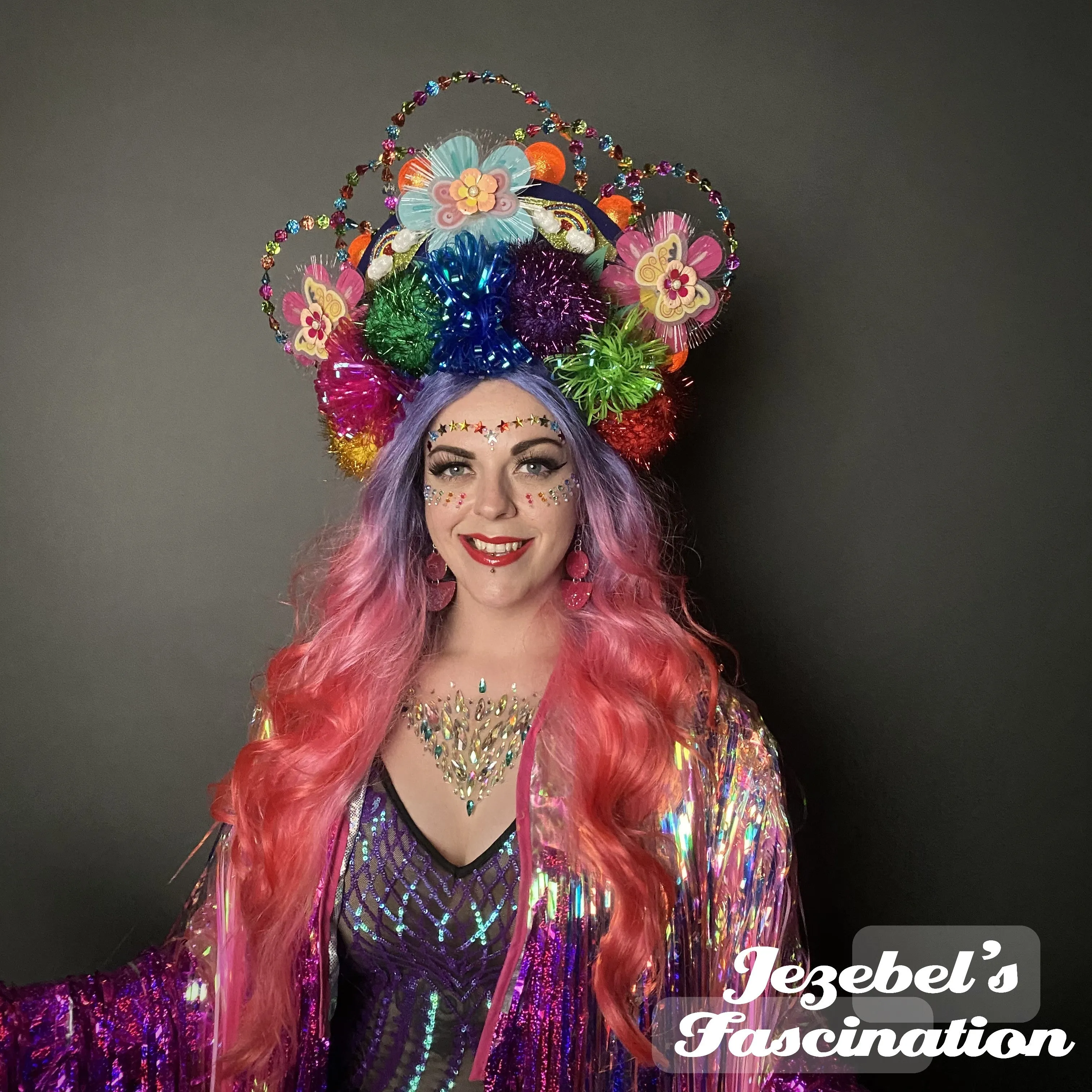 Rainbow Neon Light Up Fantasy Crown EDC Burning Man Festival Headpiece Rave Flower Child Trippy Costume Headdress Drag Queen Pom Pom Mardi Gras Cosplay Carnival Electric Forest Lisa Frank Colorful Glitter Metallic Parade