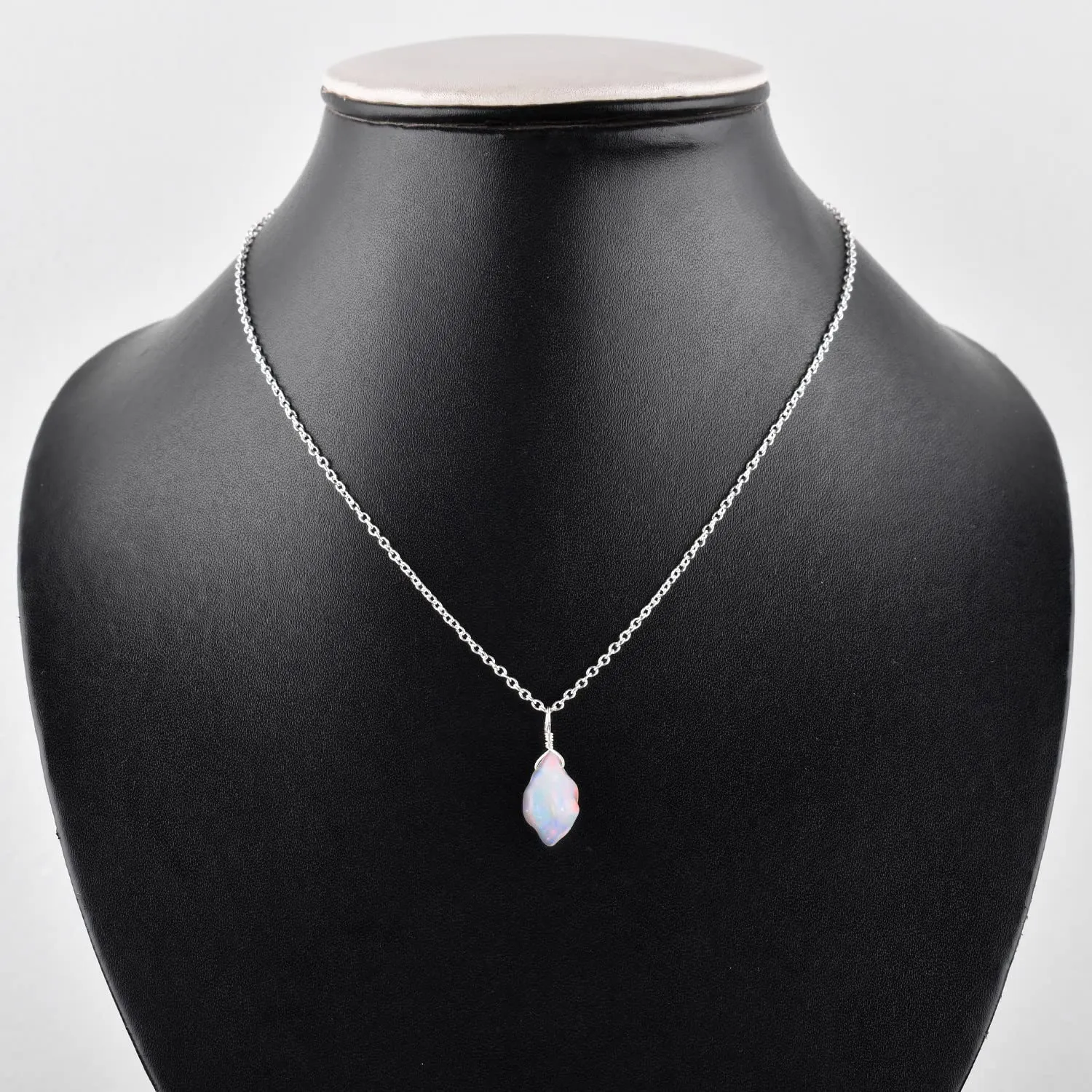 Raw Oragnic Ethiopian Fire Opal Gemstone Rough Handmade Dainty Pendant Necklace Healing Chakra Crystals October Birthstone Gift for Women Silver Plated Chain 18 inch