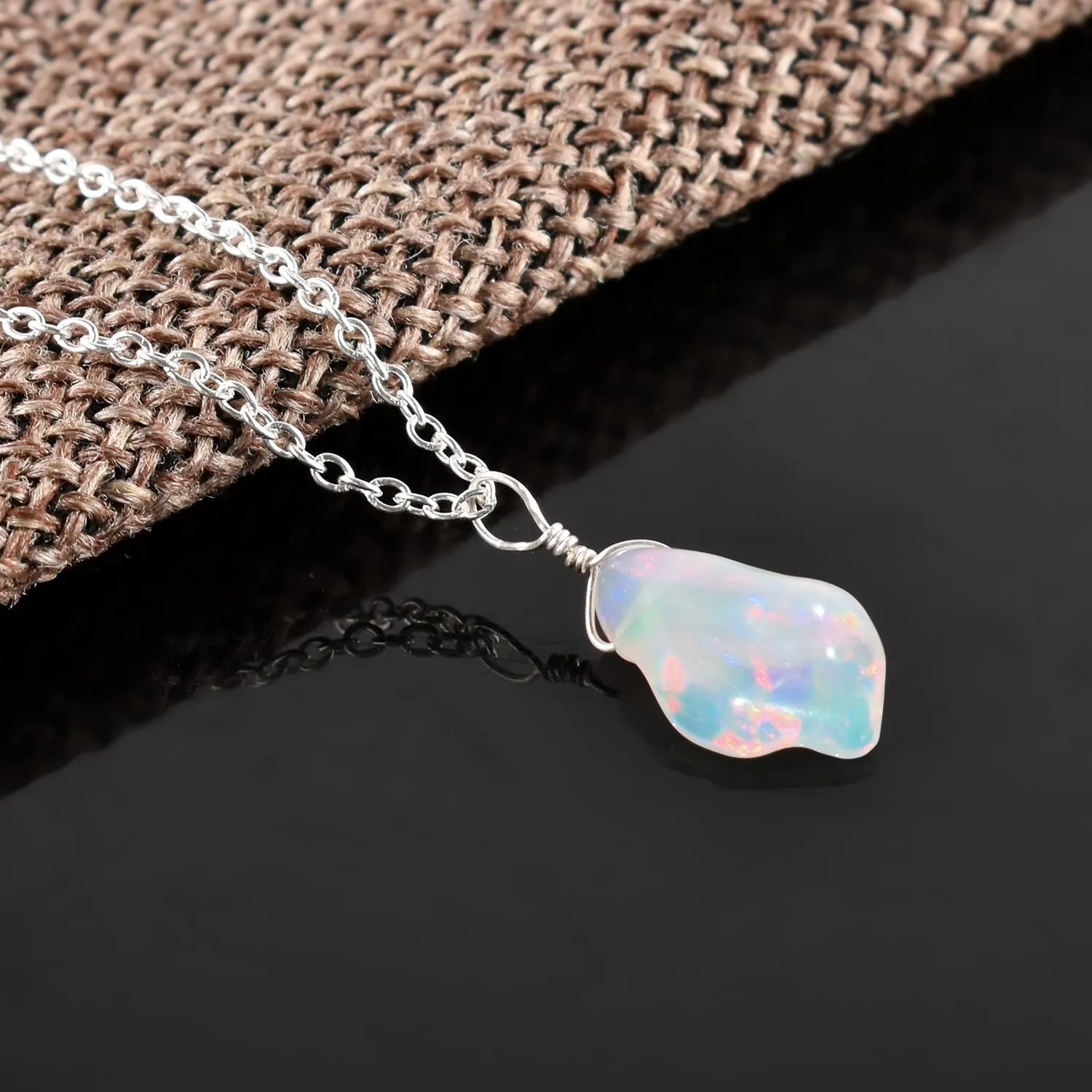 Raw Oragnic Ethiopian Fire Opal Gemstone Rough Handmade Dainty Pendant Necklace Healing Chakra Crystals October Birthstone Gift for Women Silver Plated Chain 18 inch