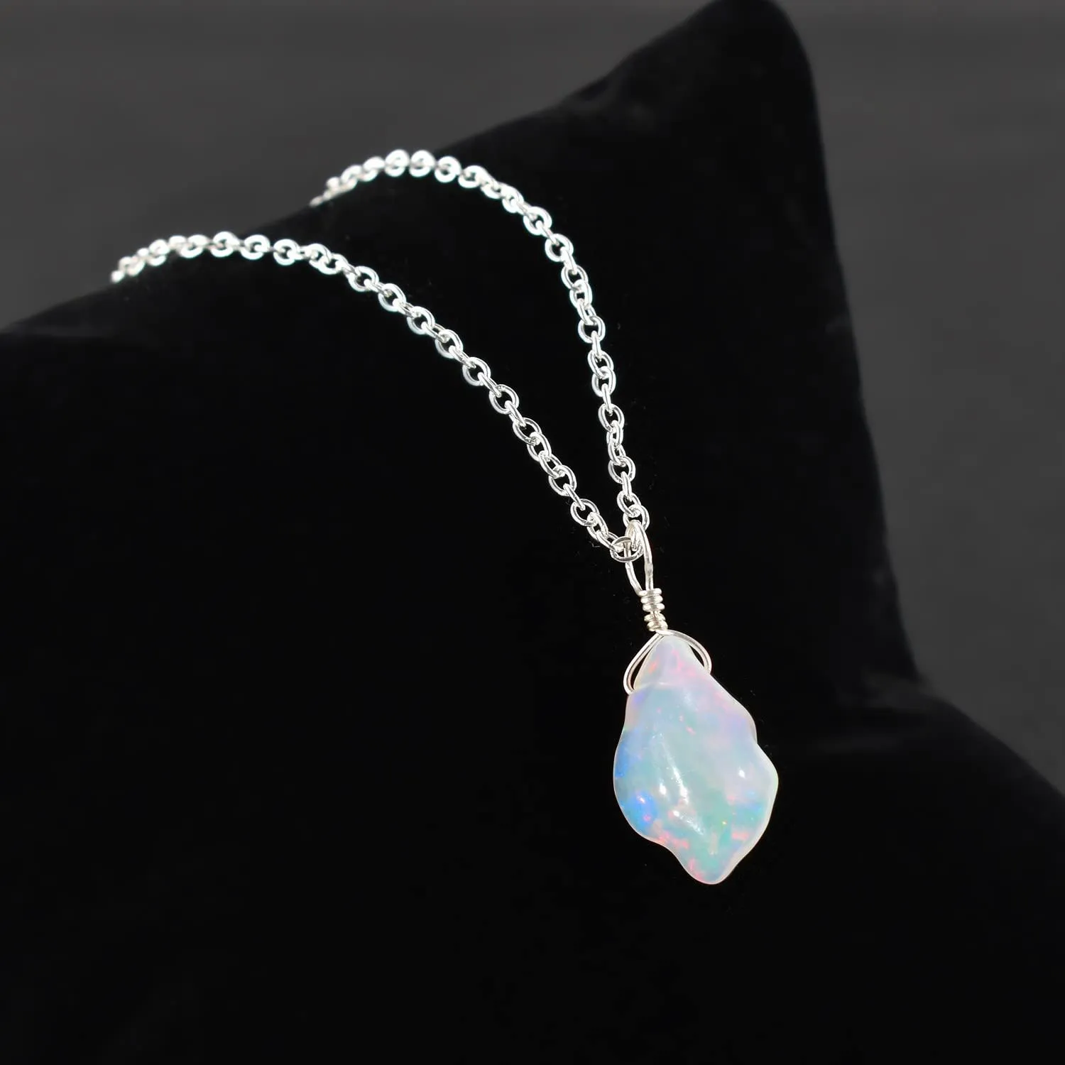 Raw Oragnic Ethiopian Fire Opal Gemstone Rough Handmade Dainty Pendant Necklace Healing Chakra Crystals October Birthstone Gift for Women Silver Plated Chain 18 inch