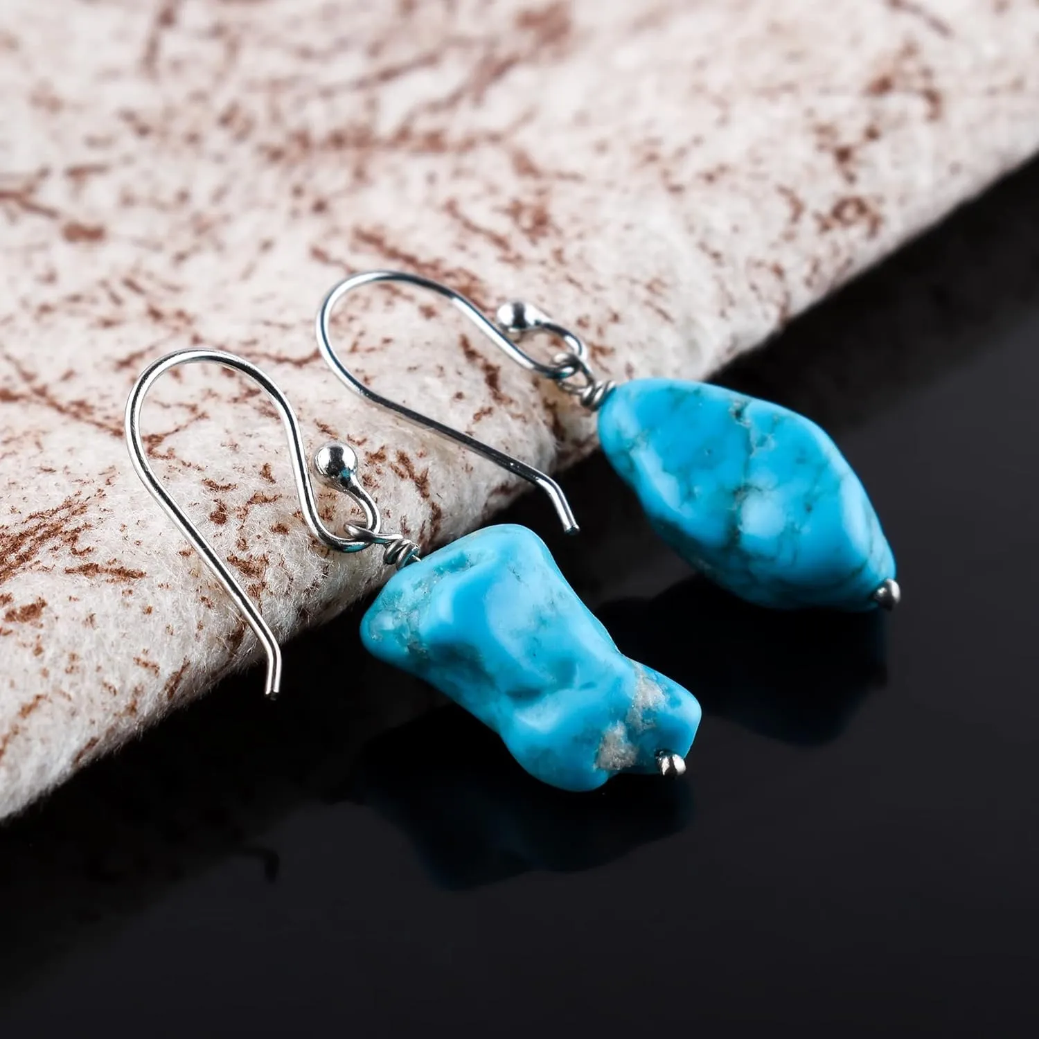 Raw Turquoise Gemstones Earrings, Organic Rough Turquoise, Minimalist Jewelry, Dangling Earrings, Rhodium Plated, 925 Sterling Silver, December Birthstones, Earrings for Women & Girls, Valentine Gift