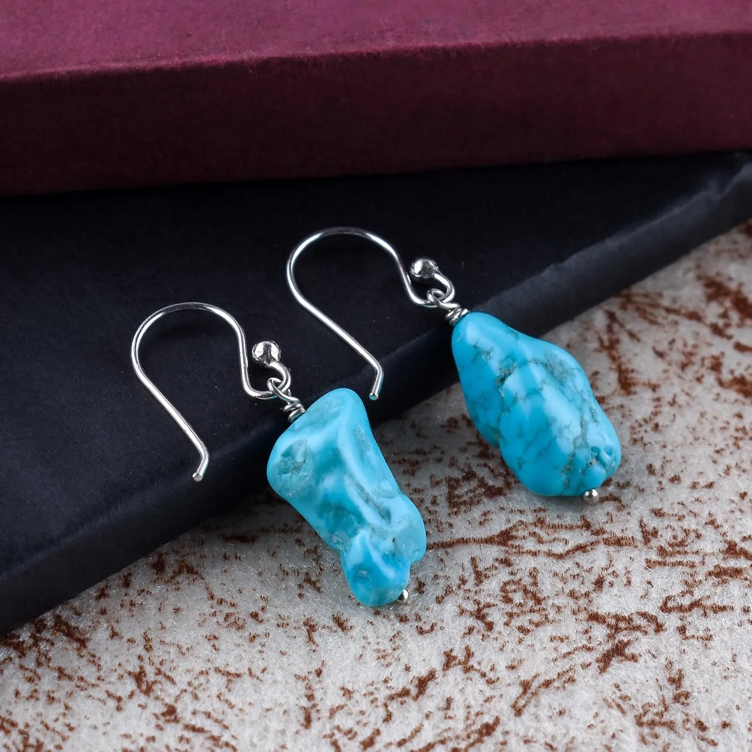 Raw Turquoise Gemstones Earrings, Organic Rough Turquoise, Minimalist Jewelry, Dangling Earrings, Rhodium Plated, 925 Sterling Silver, December Birthstones, Earrings for Women & Girls, Valentine Gift