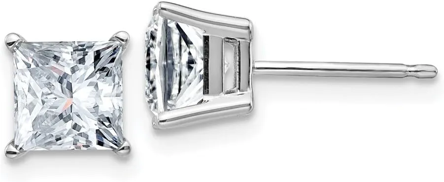 Real 14k White Gold 2.50ct. 6mm Square Brilliant Moissanite 4-Prong Basket Post Studs Earrings 6mm