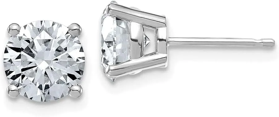 Real 14k White Gold 3.00ct. 7.5mm Round Moissanite 4 Prong Studs Earrings