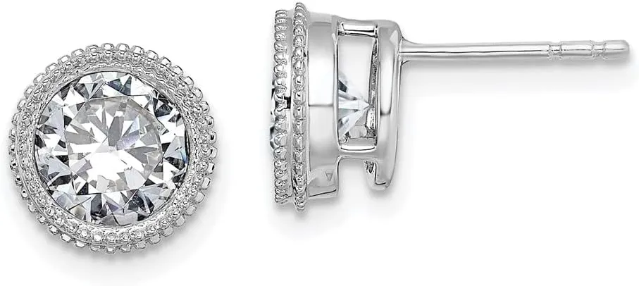 Real 14k White Gold Round Beaded Bezel Studs Earrings Moissanite 8.5mm (2 cttw.)