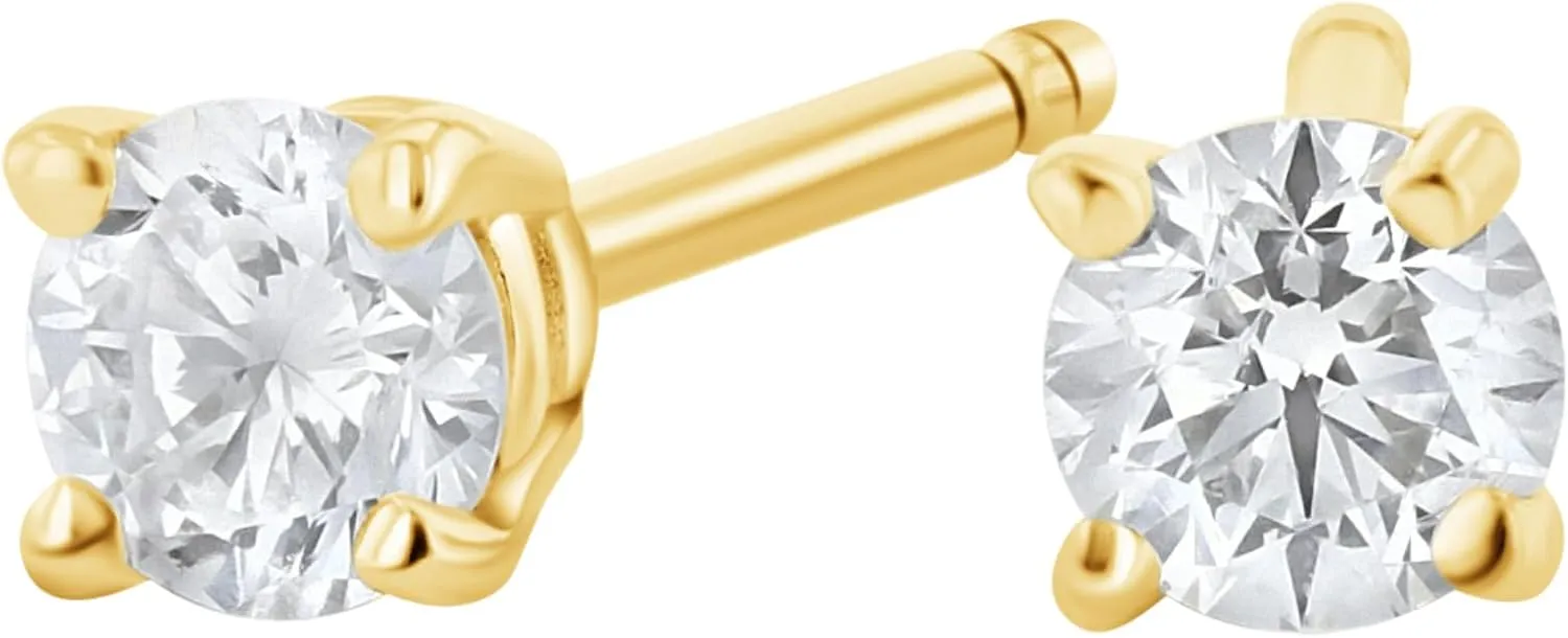 Real Diamond Stud Earrings for Women in 14K Gold  Round Brilliant Cut, H Color, SI1 Clarity  Four Prong Setting  Push Back Closure  Small Carat Weights (0.14CT to 0.50CT)
