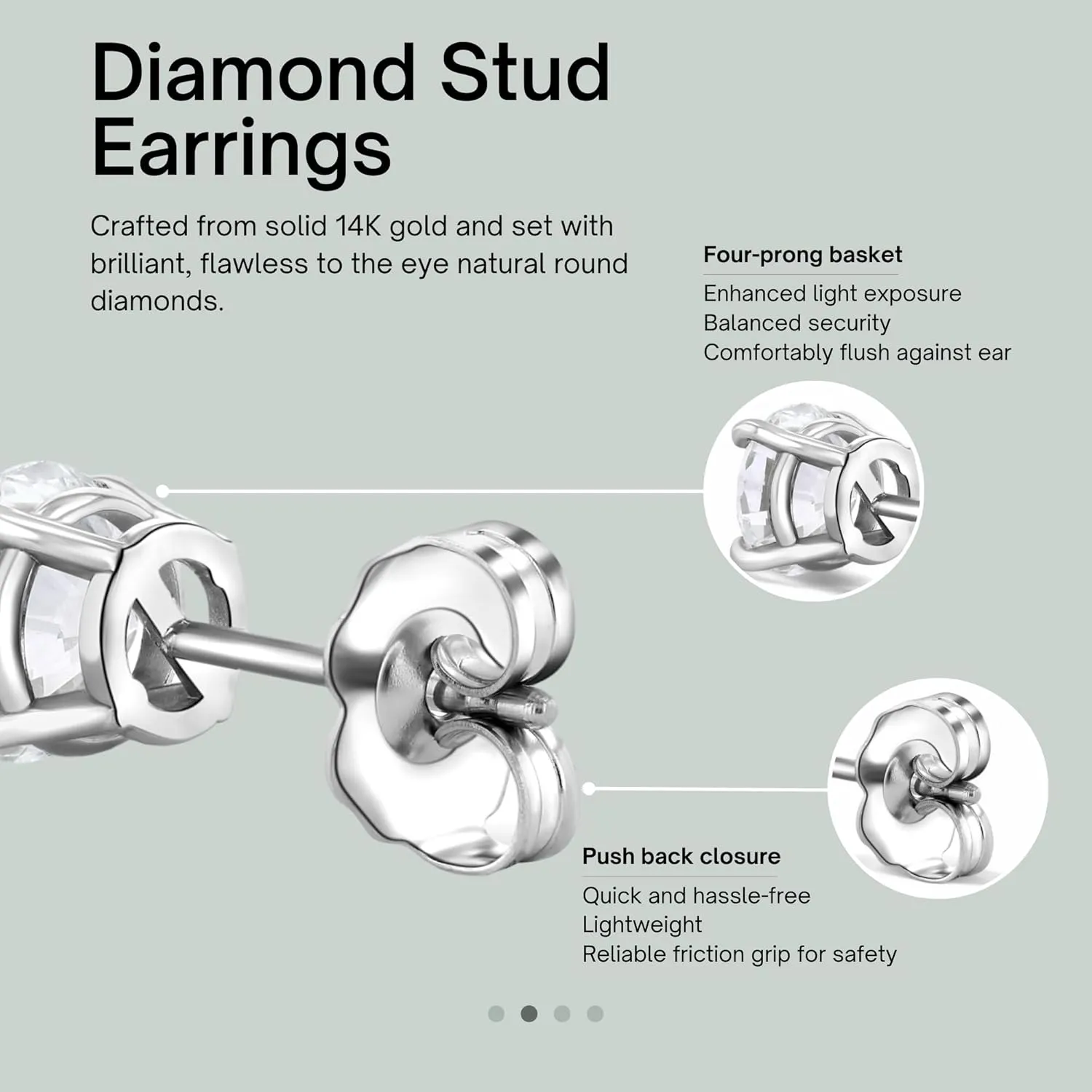 Real Diamond Stud Earrings for Women in 14K Gold  Round Brilliant Cut, H Color, SI1 Clarity  Four Prong Setting  Push Back Closure  Small Carat Weights (0.14CT to 0.50CT)