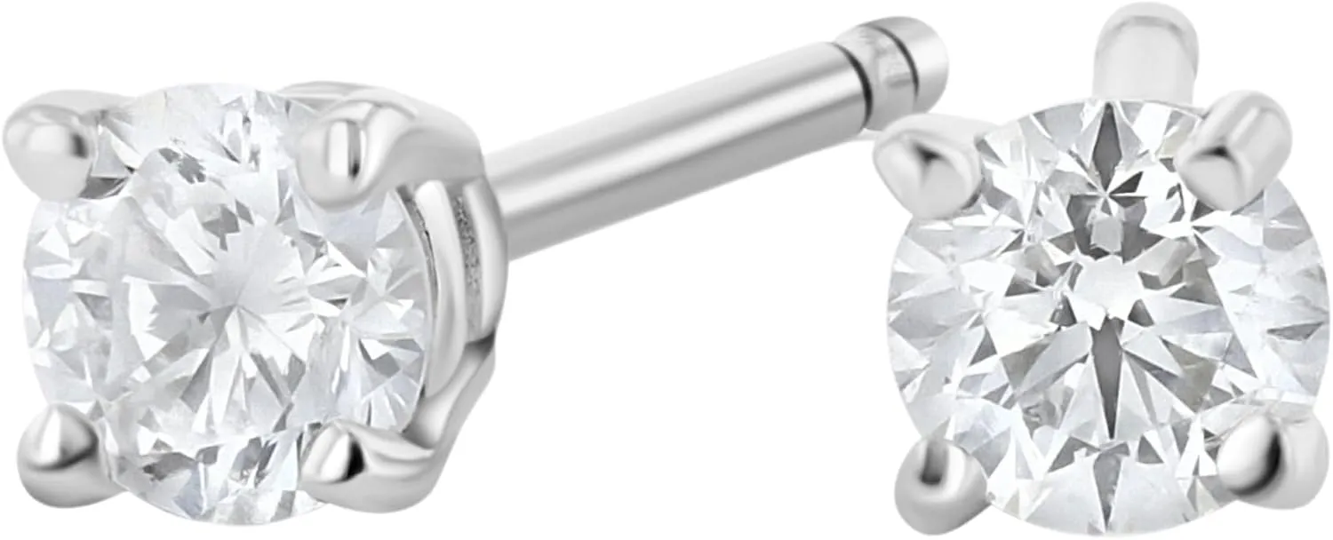 Real Diamond Stud Earrings for Women in 14K Gold  Round Brilliant Cut, H Color, SI1 Clarity  Four Prong Setting  Push Back Closure  Small Carat Weights (0.14CT to 0.50CT)