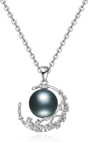 Real Tahitian Black Pearl Pendant Necklaces for Women & 11mm Round 18K Gold Plated 925 Sterling Silver - Fine Jewelry Gifts for Women Wife Mom Daughter
