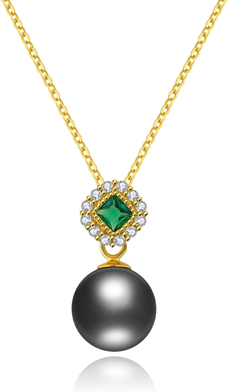 Real Tahitian Black Pearl Pendant Necklaces for Women & 9-10mm Round 18K Gold Plated 925 Sterling Silver - Fine Jewelry Gifts for Women Wife Mom Daughter