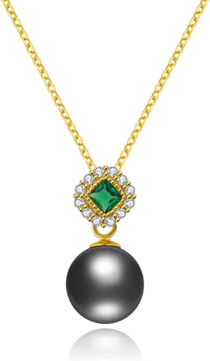 Real Tahitian Black Pearl Pendant Necklaces for Women & 9-10mm Round 18K Gold Plated 925 Sterling Silver - Fine Jewelry Gifts for Women Wife Mom Daughter