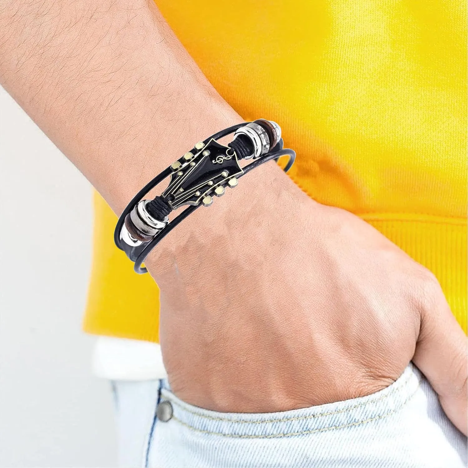 Retro Faux Leather Guitar Bracelet, Zinc Alloy Guitar Shape Decorative Cuff Leather Bracelet Punk Handmade Braided Multi-Layer Rock Music Guitar Wrap Bracelet Music Lovers Gift