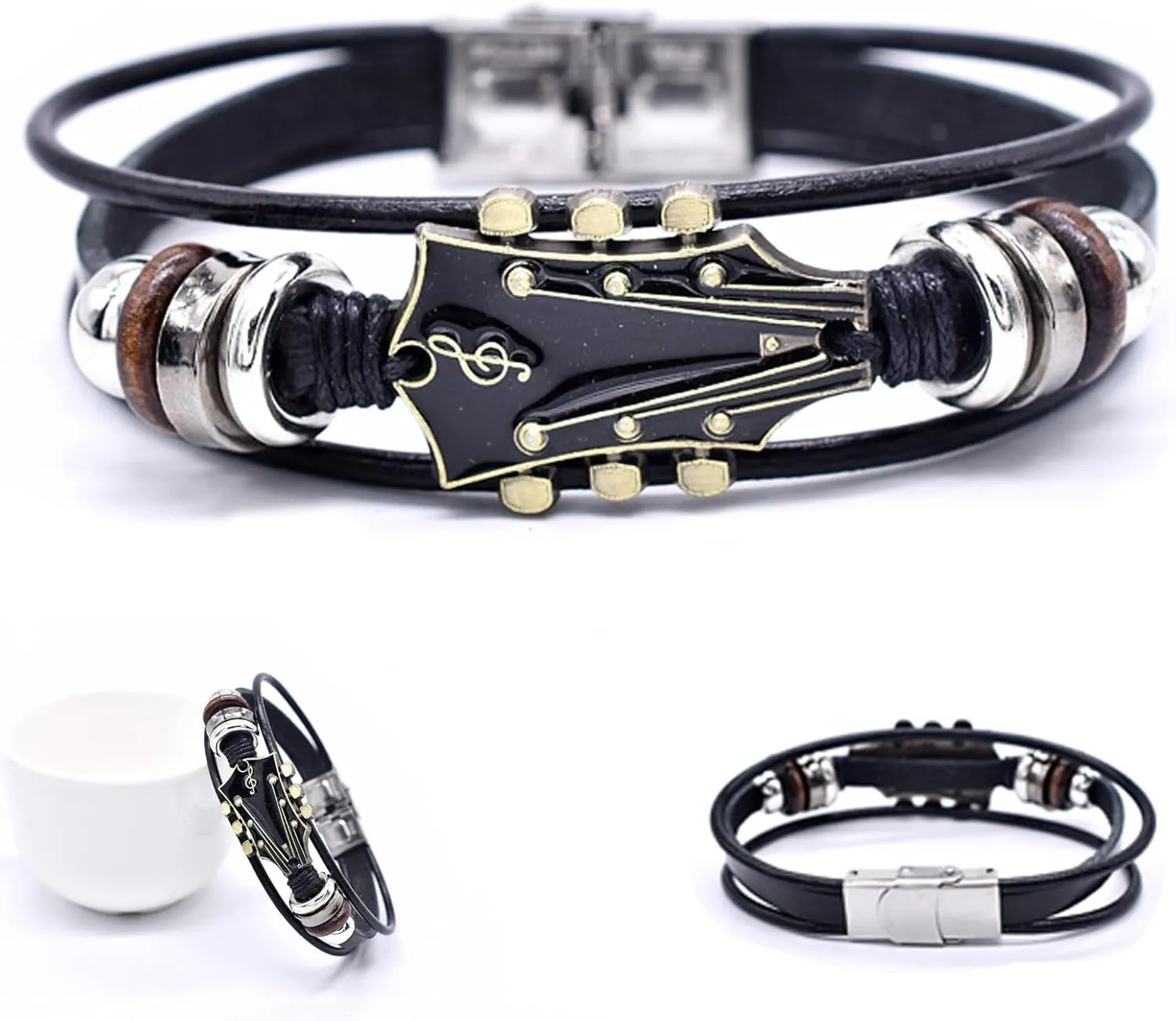 Retro Faux Leather Guitar Bracelet, Zinc Alloy Guitar Shape Decorative Cuff Leather Bracelet Punk Handmade Braided Multi-Layer Rock Music Guitar Wrap Bracelet Music Lovers Gift