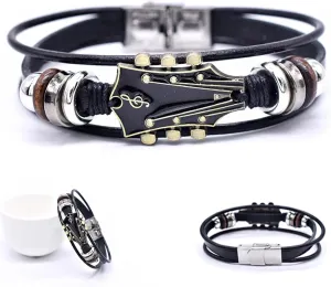 Retro Faux Leather Guitar Bracelet, Zinc Alloy Guitar Shape Decorative Cuff Leather Bracelet Punk Handmade Braided Multi-Layer Rock Music Guitar Wrap Bracelet Music Lovers Gift