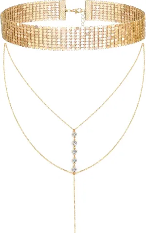 Rhinestone Choker Necklaces Long Layered Y Necklace for Women