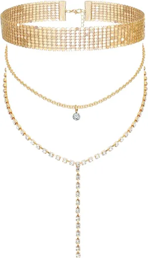 Rhinestone Choker Necklaces Long Layered Y Necklace for Women