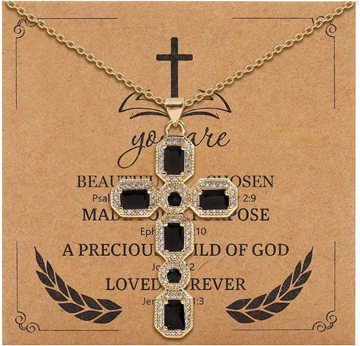 Rhinestone Cross Necklace for Women Colorful Chunky Necklace Religious Gifts Christian Gifts for Women
