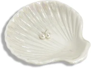 Ring Dish Shell Shape Ceramic Jewelry Dish Tray, Decorative Trinket Dish Organizing Rings Earrings Necklaces Keys for Mom Friend Sister, 3.9", White Iridescent Surface