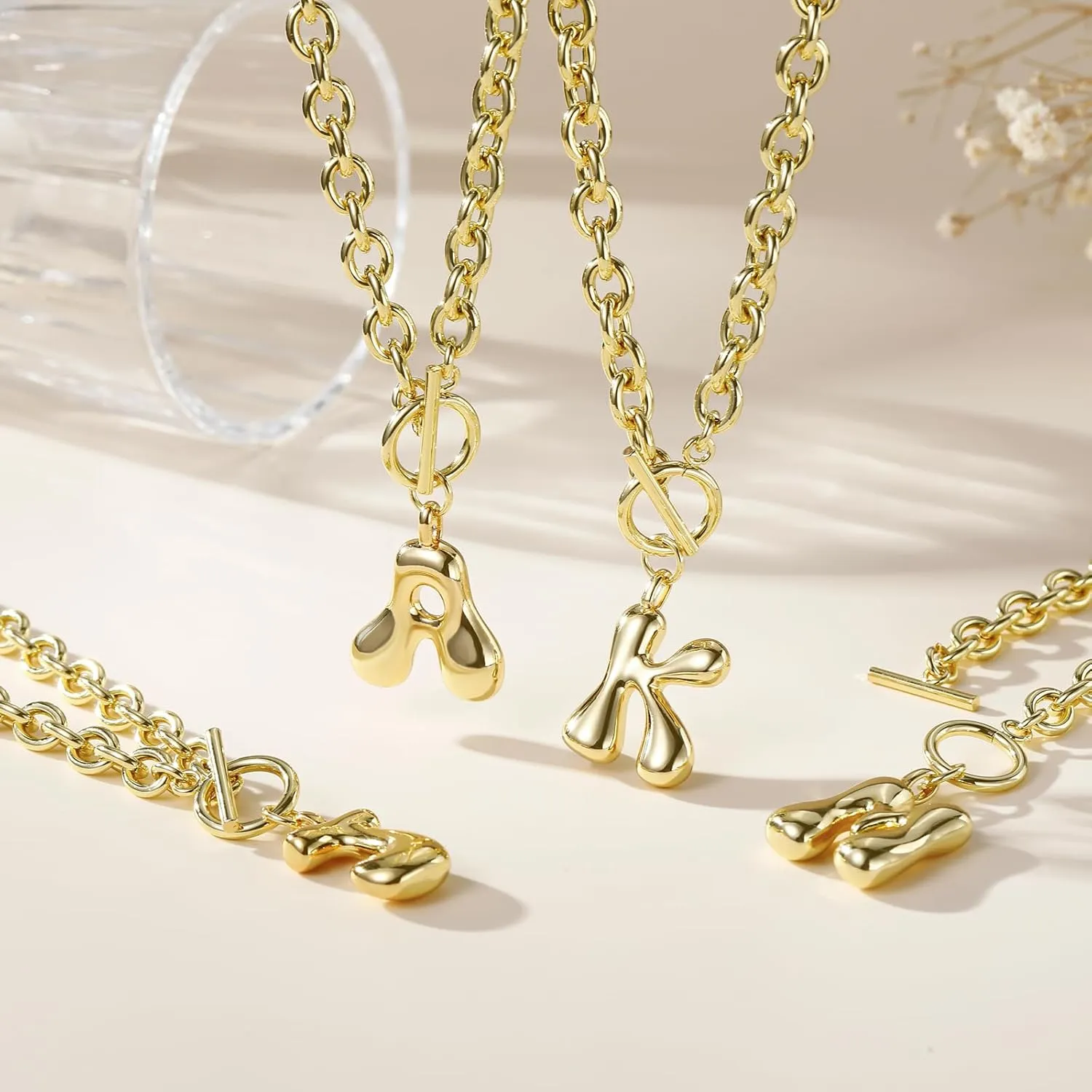 Ritach Chunky Gold Letter Necklace for Women 14K Gold Plated Initial Puffy Thick Link Necklace for Gifts