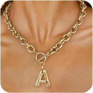 Ritach Chunky Gold Letter Necklace for Women 14K Gold Plated Initial Puffy Thick Link Necklace for Gifts
