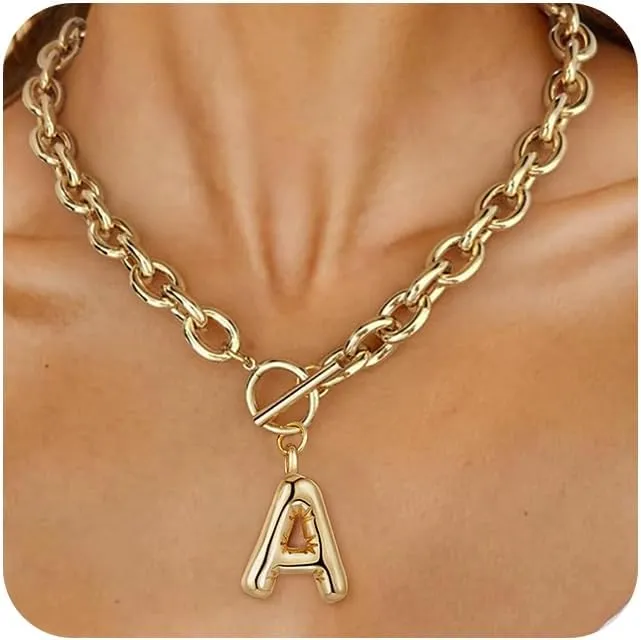 Ritach Chunky Gold Letter Necklace for Women 14K Gold Plated Initial Puffy Thick Link Necklace for Gifts