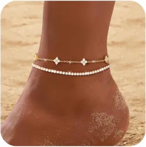RLMOON Gold Anklets for Women CZ Ankle Bracelet 14K Gold Plated Waterproof Dainty Layered Tennis Heart Dot Chain Silver Anklet Trendy Foot Jewelry