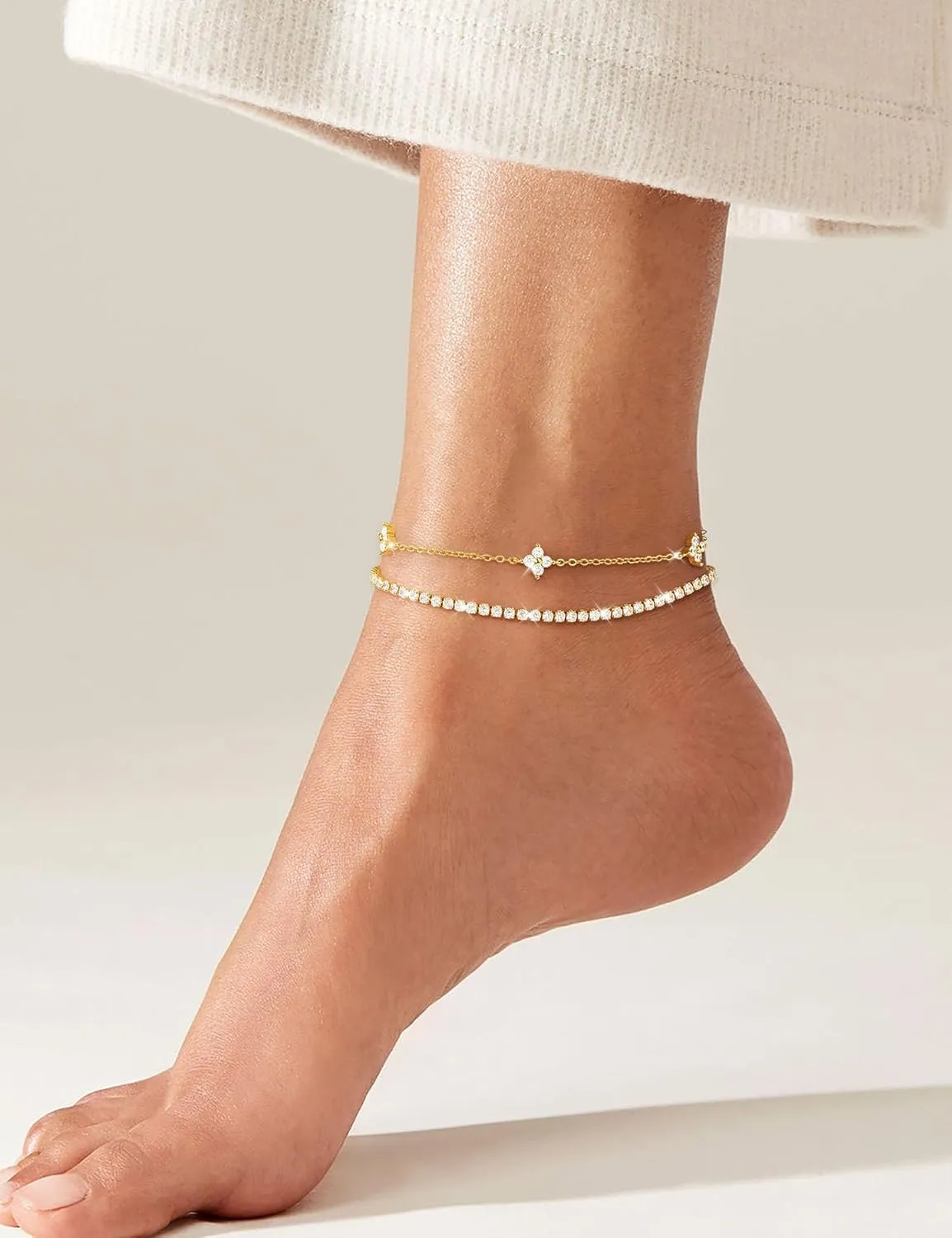 RLMOON Gold Anklets for Women CZ Ankle Bracelet 14K Gold Plated Waterproof Dainty Layered Tennis Heart Dot Chain Silver Anklet Trendy Foot Jewelry