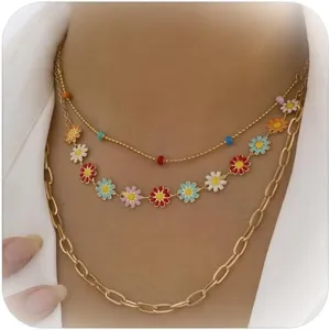 Roe Dolph Daisy Necklace for Women Flower Layered Paperclip Chain Necklace Gold Chain Necklace Boho Muti-Layer Colorful Flower Beaded Choker Necklace Jewelry Gift for Women