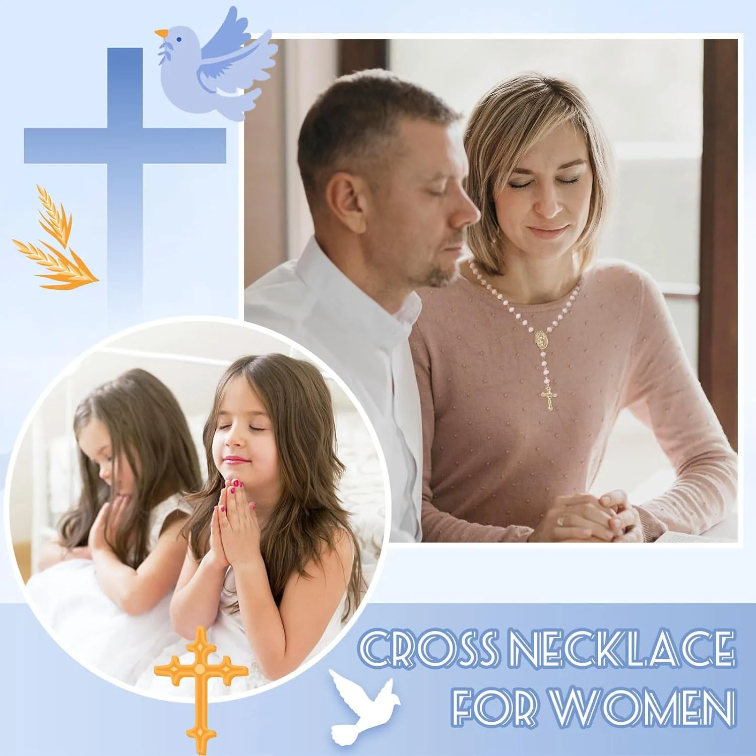 Rosary Necklace Cross Necklace for Women Baptism Faith Gifts Charm Necklace Colorful Cross Pendant Necklace