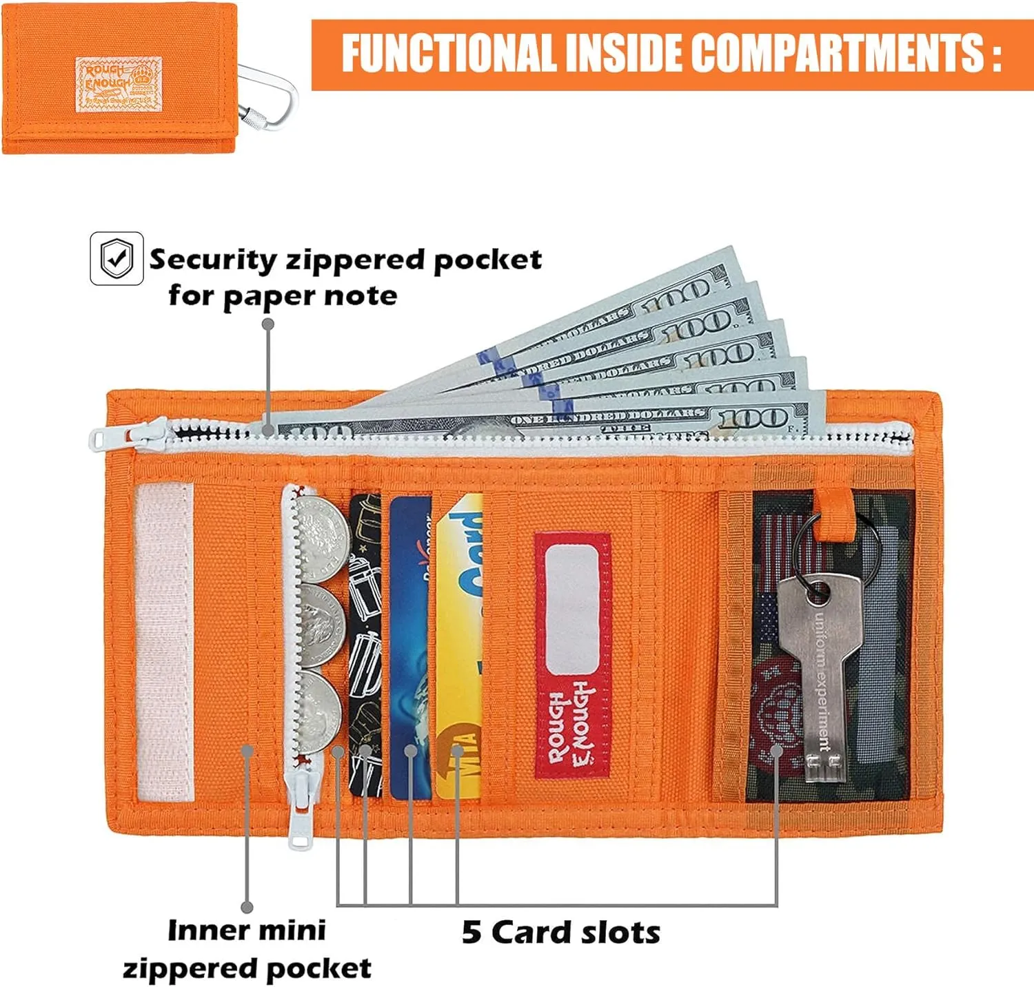 Rough Enough Kids Wallet for Boys Girls Preppy Teen with Neck Lanyard Keychain Canvas Bright Orange