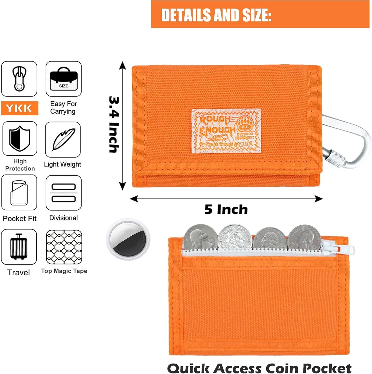 Rough Enough Kids Wallet for Boys Girls Preppy Teen with Neck Lanyard Keychain Canvas Bright Orange