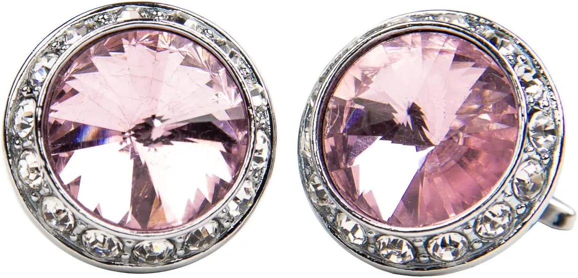 Round Colored Crystal Diamond Set Cufflinks by Classy Cufflinks (Gold Plated Stainless Steel, Pink)