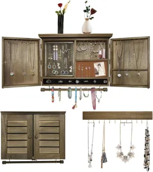 Rustic Wall Mounted Jewelry Organizer,Vintage Wooden Hanging Jewelry Holder Box with Barndoor Decor for Necklaces, Earings, Bracelets, Rings, Accessories. Includes Hook Organizer