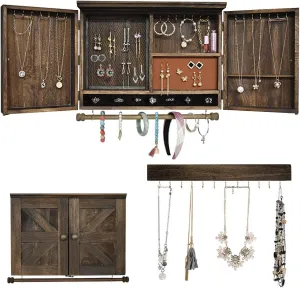 Rustic Wall Mounted Jewelry Organizer,Vintage Wooden Hanging Jewelry Holder Box with Barndoor Decor for Necklaces, Earings, Bracelets, Rings, Accessories. Includes Hook Organizer