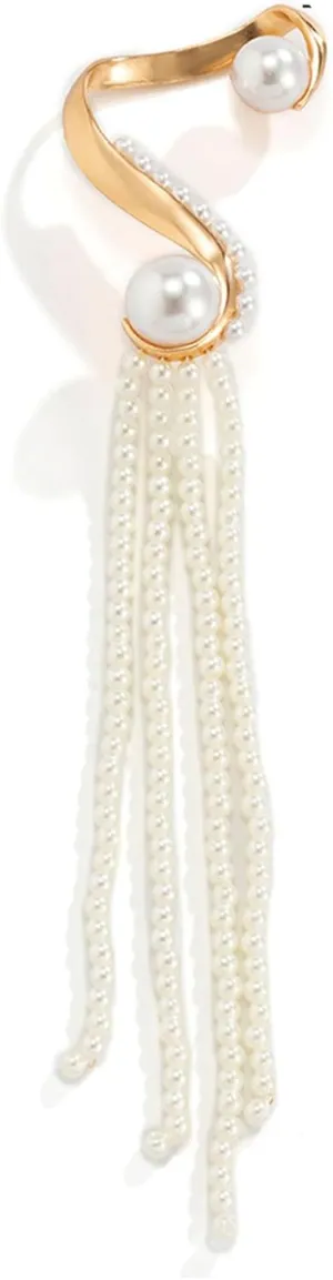 S-Shaped Pearl Tassel Elf Ear Cuff Single Left Handmade Non Piercing Earring for Women