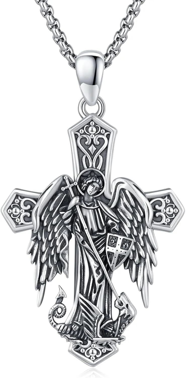 Saint Michael Necklace 925 Sterling Silver Cross Archangel Michael Necklace Cross St Michael Pendant Amulet Jewelry Necklaces for Men