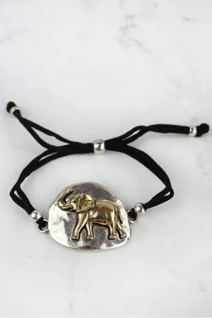 SALE! Silvertone and Goldtone Elephant Black Cord Bracelet