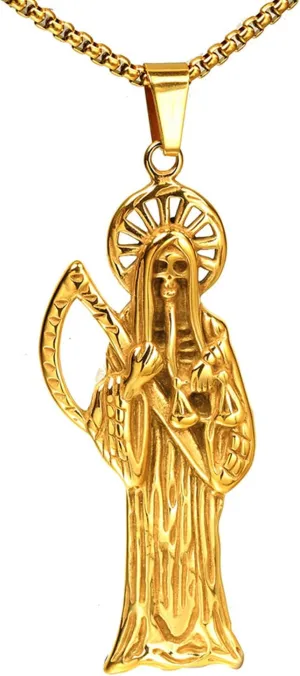 Santa Muerte Necklace Diamond 14K Gold Plated Santa Muerte Pendant Jewelry With Sickle Holiday Gift (Gold 219)