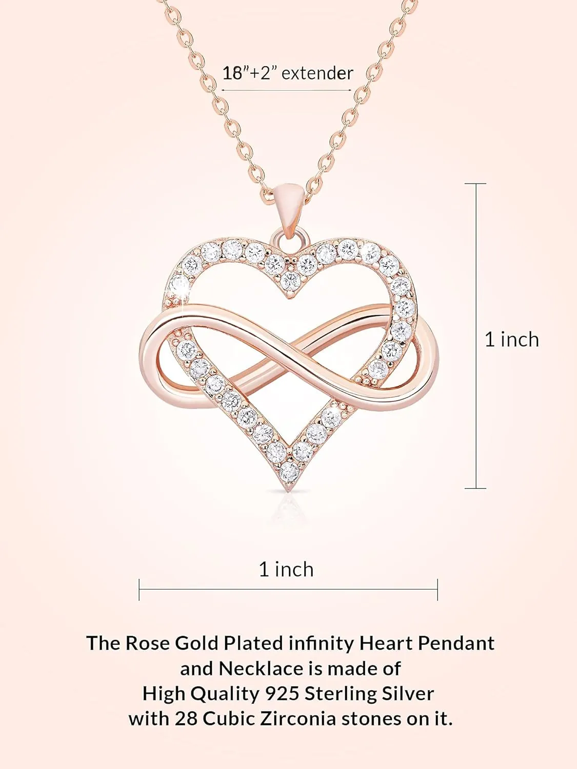 Sash & Soph Infinity Heart Necklace for Women. 925 Sterling Silver Heart Necklace for Girlfriend, Love Heart Pendant on 18" Chain with 2" Extender (Rose Gold or Gold Plated)