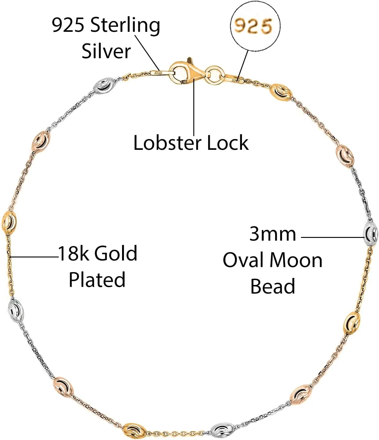 Savlano 18K Gold Plated Over 925 Sterling Silver Station Oval Moon Bead Anklet Chain For Women. Silver, Gold, Rose Gold - Made in Italy Comes With a Gift Box