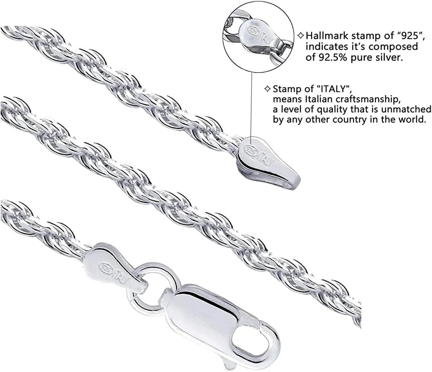 Savlano 925 Sterling Silver 2mm Solid Italian Rope Diamond Cut Twist Link Chain Necklace with a Gift Box for Men & Women - Made in Italy