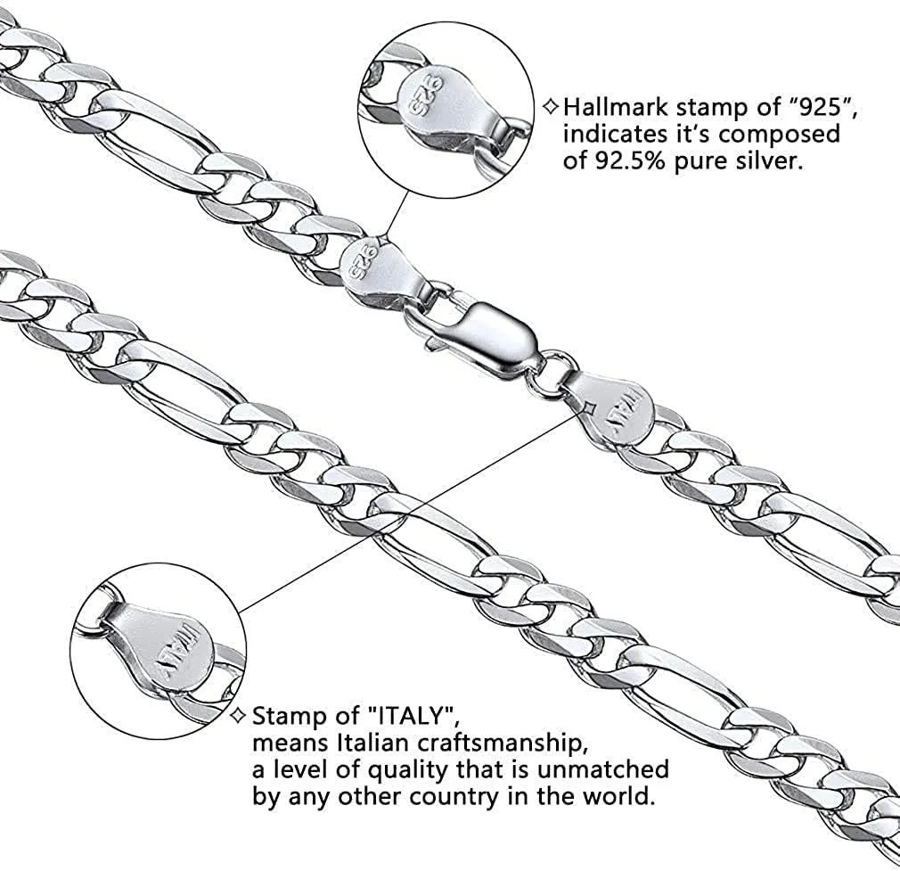 Savlano 925 Sterling Silver 7.5mm Italian Solid Figaro Link Chain Necklace with Gift Box for Men & Women - Made in Italy