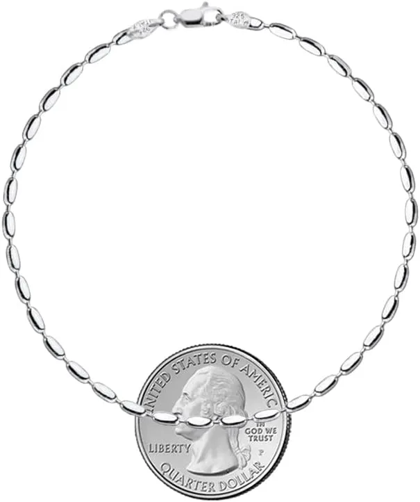 Savlano 925 Sterling Silver Oval Rice Bead Strand Chain Anklet For Women - Made in Italy Comes With a Gift Box