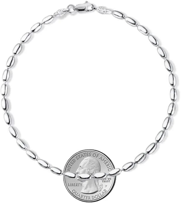 Savlano 925 Sterling Silver Oval Rice Bead Strand Chain Anklet For Women - Made in Italy Comes With a Gift Box